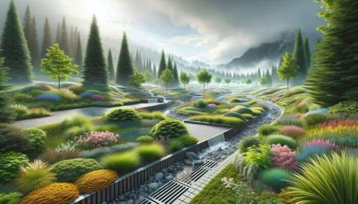 Landscape Drainage Services in Pitt Meadows: A serene Pitt Meadows landscape with French drains, swales, and permeable paving managing water flow, preventing pooling, under a cloudy sky, showcasing lush, healthy greenery and vibrant flowers.