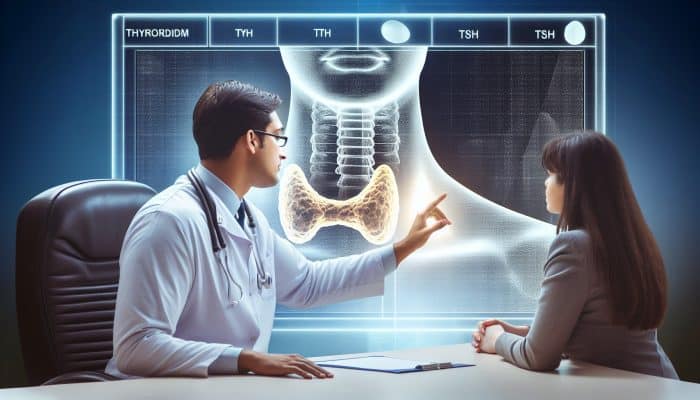 Doctor discussing thyroid test results with patient, pointing at TSH levels chart, thyroid gland diagram in background.