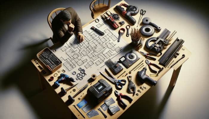 A person strategising tool rental savings with tools, coupons, and loyalty cards on a desk.