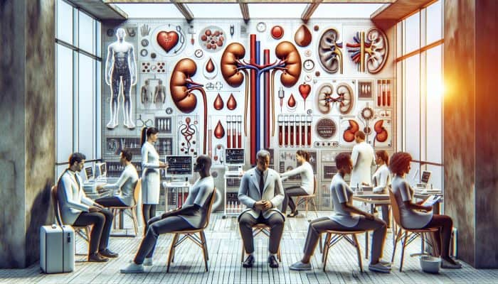 Diverse group receiving kidney blood tests in a clinic, focusing on health awareness and prevention.