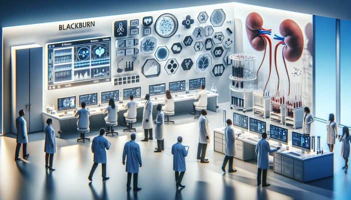 Modern Blackburn laboratory equipped with advanced technology for accurate, less invasive kidney blood tests, focusing on biomarker research.