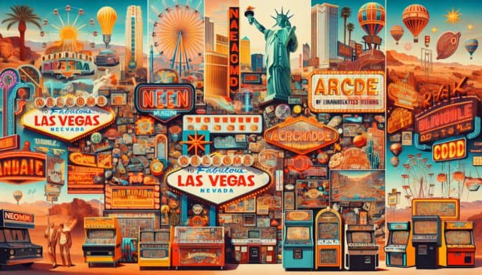 How to Find Hidden Gems in Las Vegas: A collage showcasing Las Vegas's hidden gems: Neon Museum's glowing signs and vintage pinball machines at the Pinball Hall of Fame.