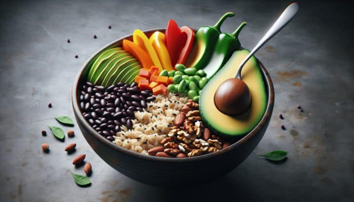 A vibrant bowl filled with brown rice, black beans, bell peppers, avocado, and nuts, illustrating a balanced, nutrient-rich meal.