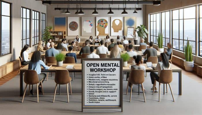 A diverse group of tech employees in a modern office at a mental health workshop with counselors and supportive managers.