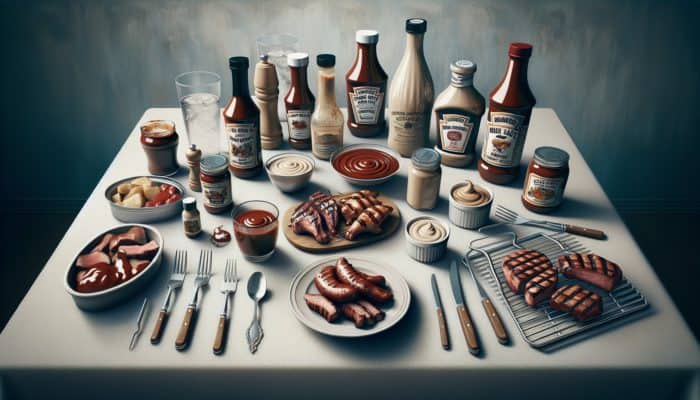 A table with Kansas City BBQ sauce in a jar, Alabama white sauce in a bowl, and a custom BBQ sauce in a bottle, with grilling tools and meats.