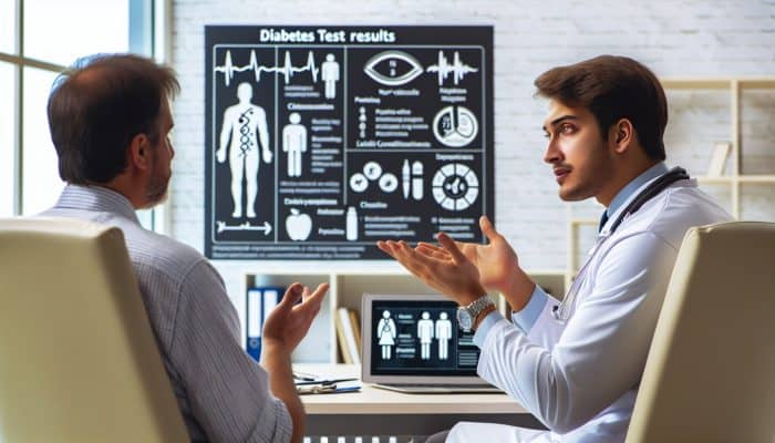 A healthcare professional explaining diabetes test results and lifestyle changes to a patient using a chart in a medical office.