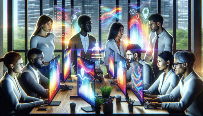 A digital marketing team analysing SEO data on screens in a modern office, focusing on strategic content optimisation.