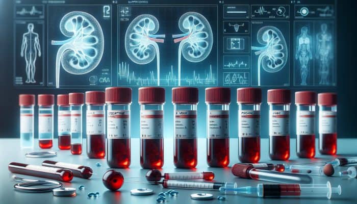 Illustration of kidney blood test vials labelled with creatinine, urea, and electrolytes, alongside kidney diagrams.