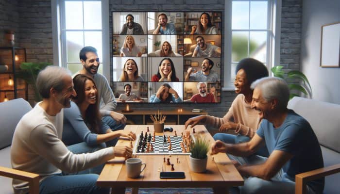 A diverse group enjoying a virtual game night via video call, symbolising unity in cosy apartments.