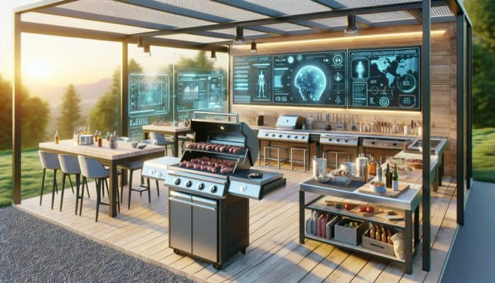 AI-enhanced grills in a futuristic, sustainable outdoor kitchen analyzing meat and suggesting flavours.