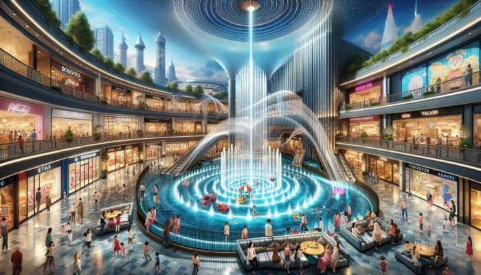 A vibrant Las Vegas mall with Rainmaker show, kids' play area, diverse stores, and family dining.