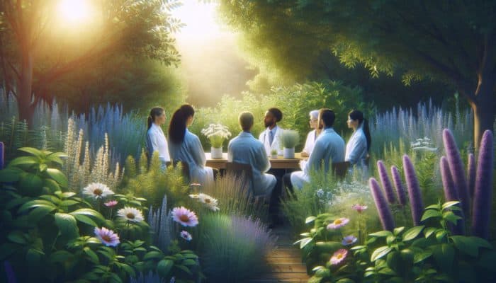 A serene garden with herbs like St. John's Wort and lavender, experts discussing depression treatment.