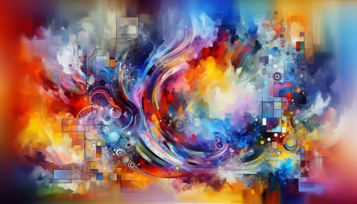 A vibrant abstract painting with dynamic brushstrokes and splatters, showcasing colour breaking techniques like blending, layering, and contrasting hues.