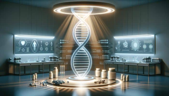 Role of Genetics in Nutrition Needs: A futuristic lab with a glowing DNA helix model, surrounded by personalized dietary charts and nutritional supplements.