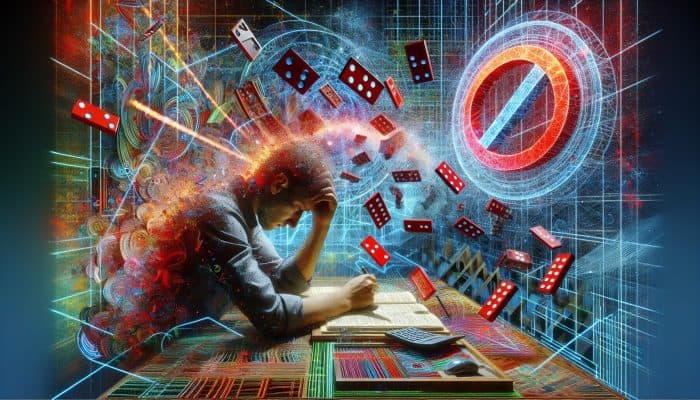 Debt Consolidation Loan Default Consequences: UK Impact | DCL A stressed person amid financial documents, overshadowed by a large red "DEFAULT" stamp.