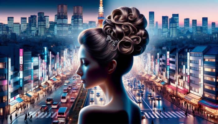 Woman with elegant updo using hair lacquer in Tokyo and Paris, showcasing product's versatility and hold.