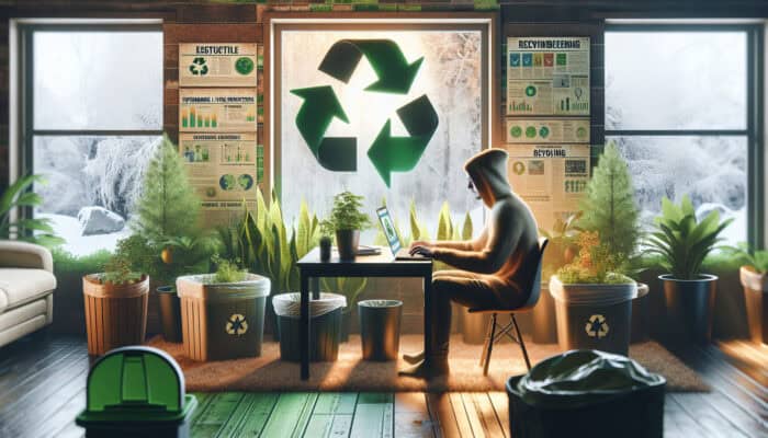 Person in cozy winter home, engaging with eco-friendly resources on laptop, surrounded by plants and recycling bins.