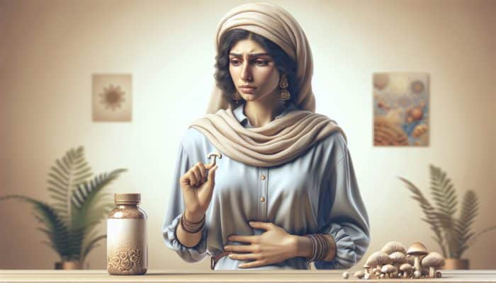 Person with slight bloating, thoughtful, holding mushroom supplements in a calm, neutral room.