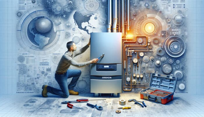 A local technician adjusting a modern boiler in Mission, with emergency tools, showcasing efficient service.