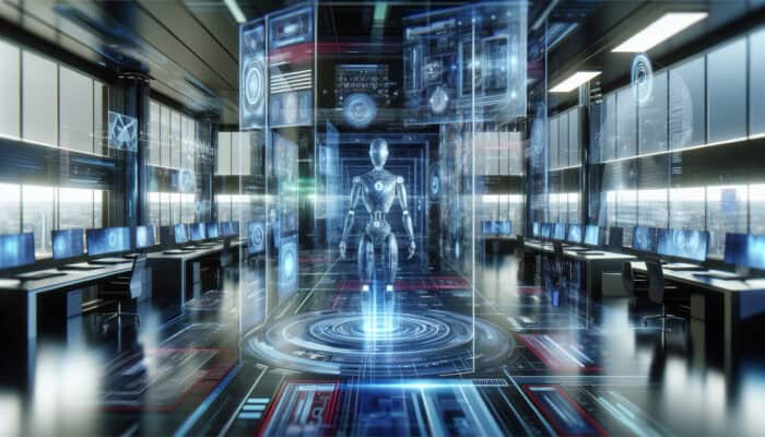 Expanding Reach With Human Virtual Assistant Expertise: Futuristic office with holographic virtual assistants managing tasks on floating screens, enhancing productivity.
