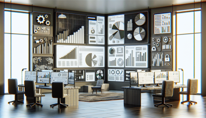 Digital workspace with Google Analytics, SEMrush, Ahrefs interfaces analysing voice search data, showing graphs and user demographics.