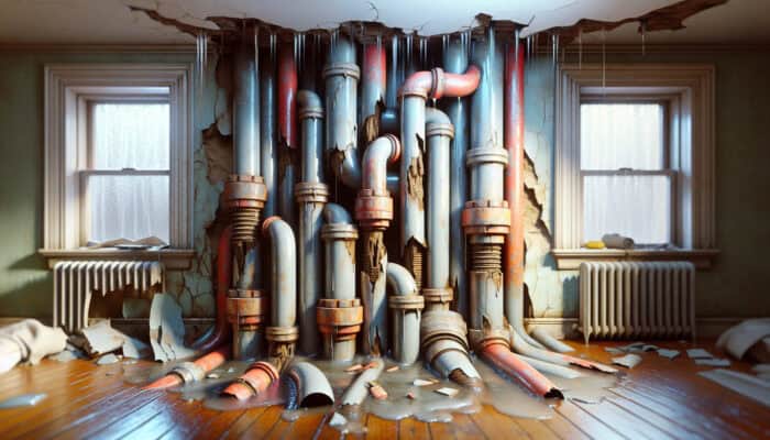 Poly B Replacement Services in Richmond: Deteriorating Poly B piping with cracks and leaks, causing water damage in a home.