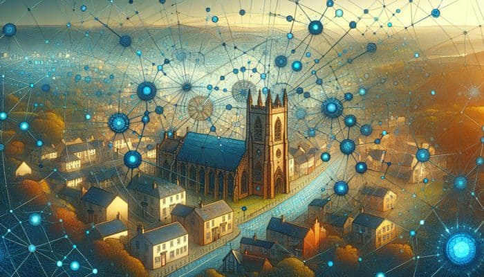 A vibrant digital web symbolising web development, with design, security, and content elements, set in Ottery St Mary.