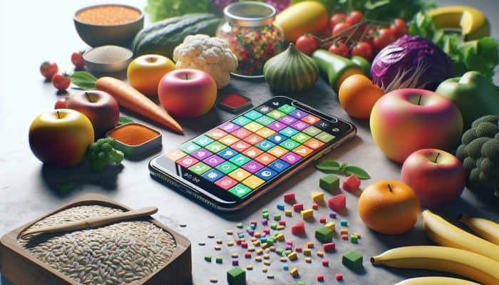 A smartphone showing a UK nutrition app tracking food intake, surrounded by healthy foods on a kitchen counter.