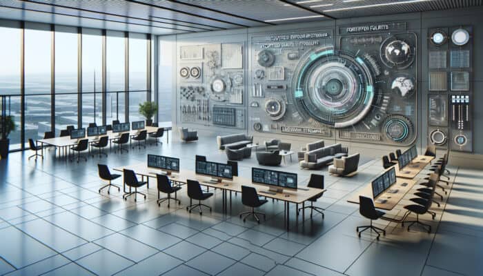 A futuristic virtual assistant interface with advanced security features in a modern office.