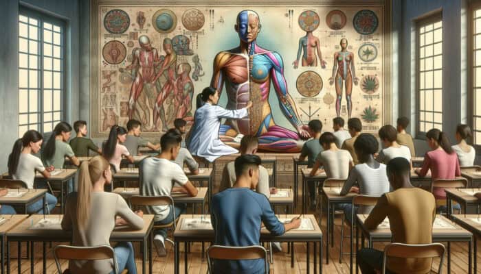 Students in a classroom learning acupuncture, surrounded by anatomy charts and a mentor demonstrating techniques on a model.