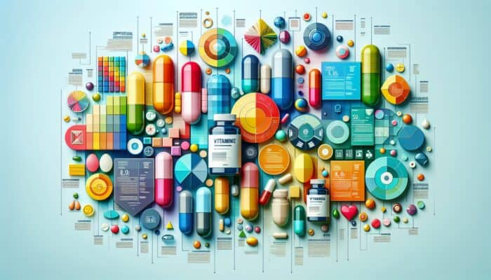 Vibrant infographic displaying tips on creating supplement-centric content, featuring vitamins and capsules.