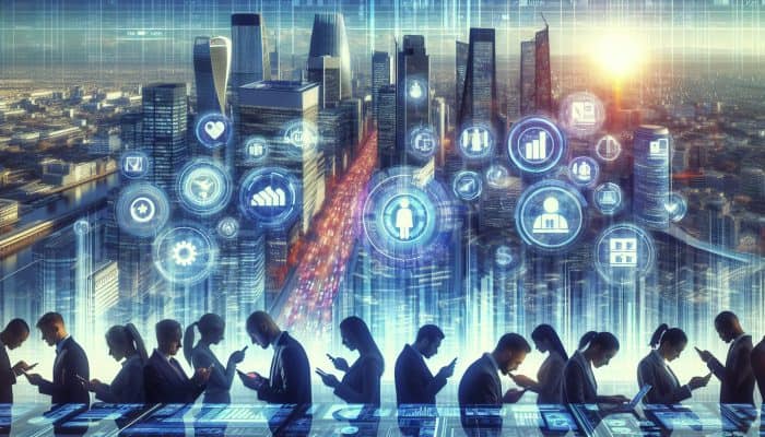 How Fintech Is Changing Debt Consolidation: UK Trends | DCL How Fintech Is Changing Debt Consolidation: A futuristic UK cityscape with digital screens showing debt consolidation apps, people using smartphones for finance management, and holographic financial charts.