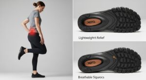 A woman stands holding her hip with a red highlight indicating back pain relief. Next to her are two images of black Xero Shoes soles labelled "Lightweight Relief" and "Breathable Sigurocs" for improved posture.
