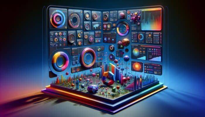 Futuristic dashboard showing real-time ad engagement metrics with graphs and colourful visualisations.