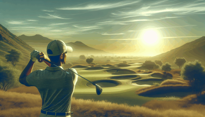 A beginner golfer at sunrise on a South African course, practicing deep breathing and visualising their swing.