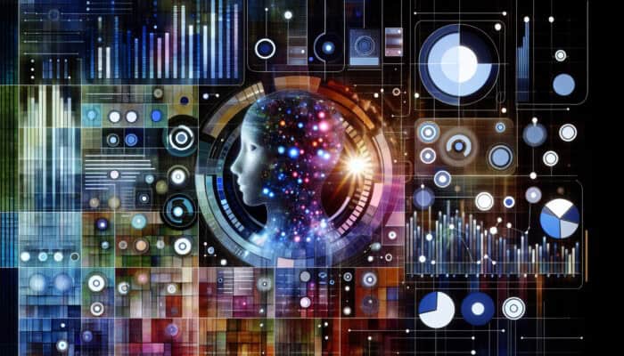A digital dashboard showcasing graphs and charts analysing user engagement, featuring a virtual assistant avatar.