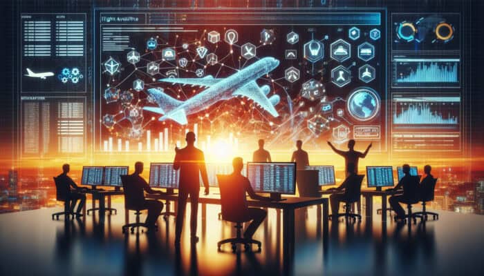 Graphs and data analytics on a travel booking VA, displaying flight inquiries, with developers refining algorithms.