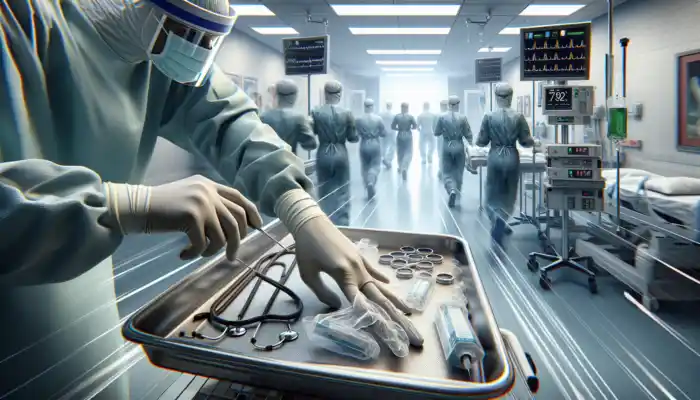 A healthcare worker swiftly dons cost-effective vinyl gloves in a busy hospital, providing protection while handling instruments safely.