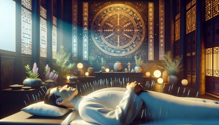 Acupuncture for Facial Pain: A serene acupuncture session in a traditional Chinese setting with needles on a patient's face and body, surrounded by Qi symbols.