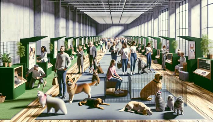 Organised pet adoption fair with expert-designed booths, calm animals, and engaged visitors.