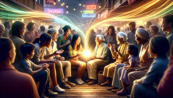 Utilising Storytelling in Supplement Ads: Diverse individuals sharing heartfelt stories around glowing products in a vibrant marketplace, with light threads interweaving trust and brand loyalty.