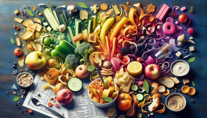 Vibrant kitchen scene showcasing food scraps transformed into appetising upcycled dishes.