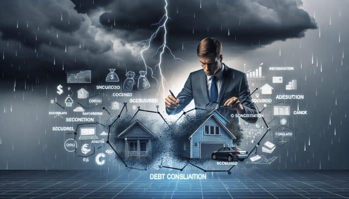 Risks of Consolidating Secured Debt: UK Guide | DCL Financial expert analysing debt consolidation risks chart, secured assets and stormy sky background.