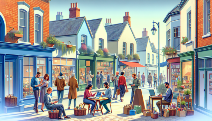 Small business owners in Verwood engaging with social media on devices outside charming shops, attracting a diverse clientele under a bright sky.