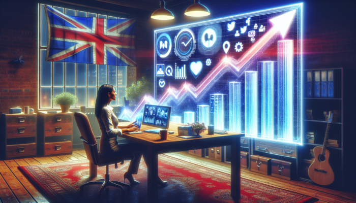 A small business owner in a bustling Verwood office reviewing rising social media graphs, surrounded by UK flags and icons.
