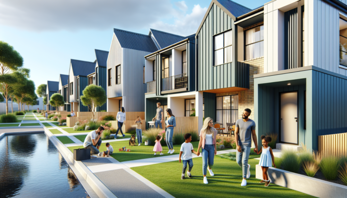 Vibrant Vryheid neighborhood featuring modern townhouses, green lawns, families relaxing outdoors, and children playing.