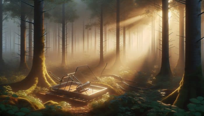 Trapping Techniques: A reliable animal trap in a misty forest, featuring bait, trigger mechanism, and camouflage under golden sunlight.