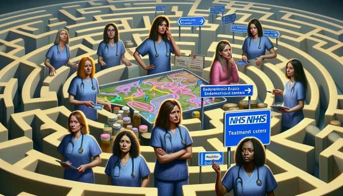 Diverse UK women navigating NHS maze, showcasing varied access to endometriosis treatment centres.