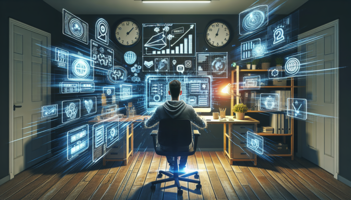 A developer in a Shepton Mallet office sits amid flickering screens, emerging holographic tools, and racing clocks, symbolising ecommerce tech challenges.