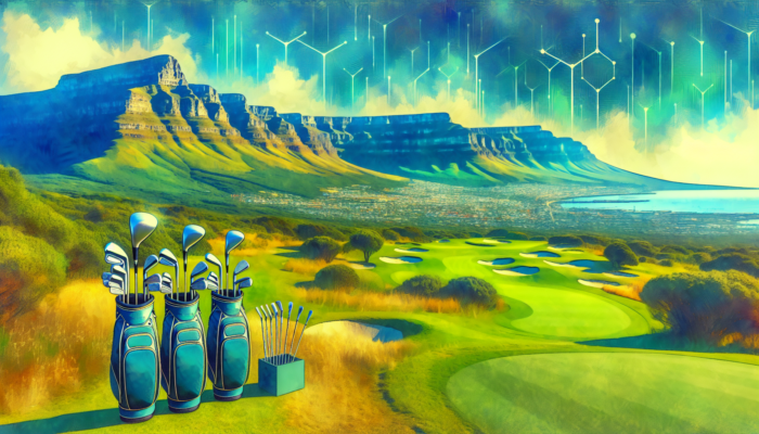 Budget-friendly golf club sets on a South African golf course with Table Mountain background.